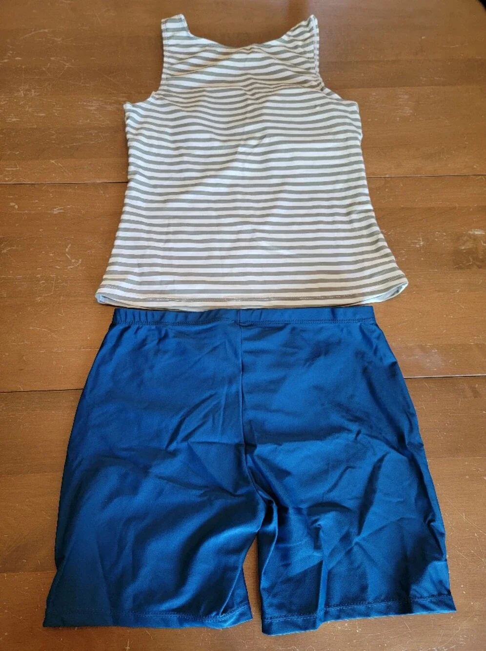 Striped Olive Green Tankini Top and Navy Swim Shorts Bikini Set Sz M NWT - Picture 5 of 9